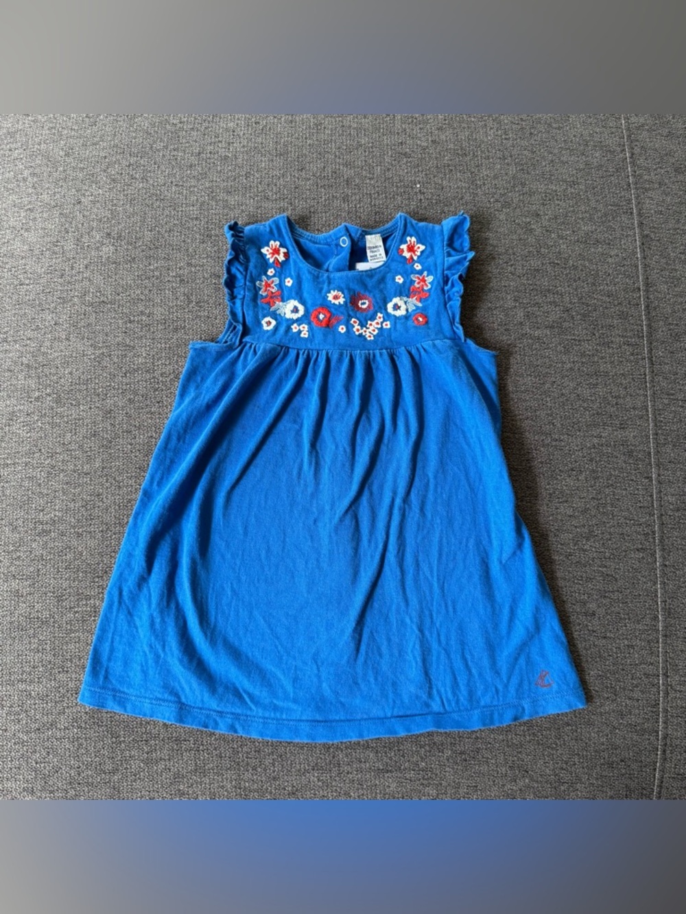 Petit Bateau Royal Blue Embroidered Ruffle-Sleeve Dress Baby Girl 24M - Picture 2 of 7